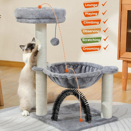 Arbre à chat compact avec hamac, griffoir et panier en peluche