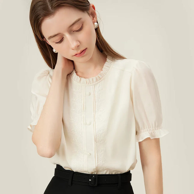 Chemise simple à manches courtes brodée pour femme