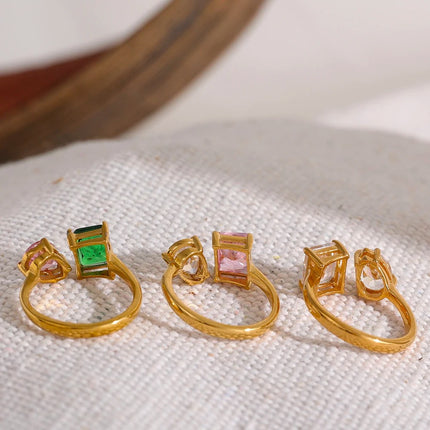 Bague ouverte ajustable et étanche avec zircone cubique rose et verte