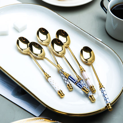 Elegant Vintage Gold and Ceramic Coffee Dessert Fork and Spoon Set