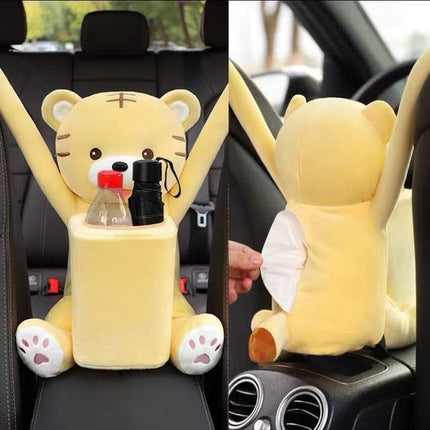 Cartoon Plush Car Tissue Holder with Integrated Trash Cabin - Wnkrs