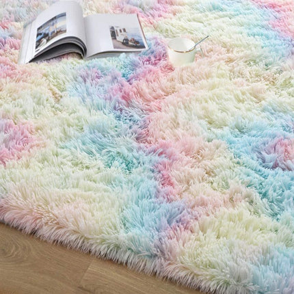 Alfombra de felpa con efecto tie-dye degradado para una decoración vibrante del hogar