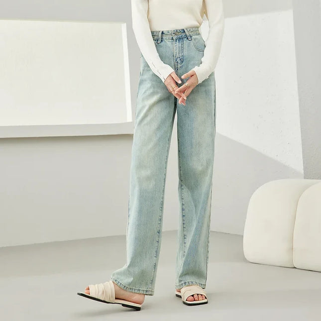 Pantalon en jean taille haute à jambe large pour femme - Pantalon décontracté bleu clair rétro