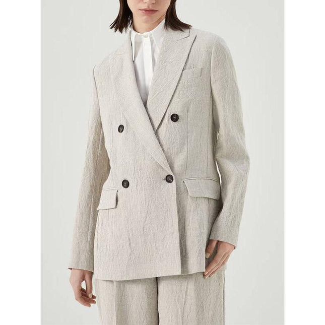 Elegante conjunto de traje de lino con cuentas: blazer cruzado y pantalón recto para mujer