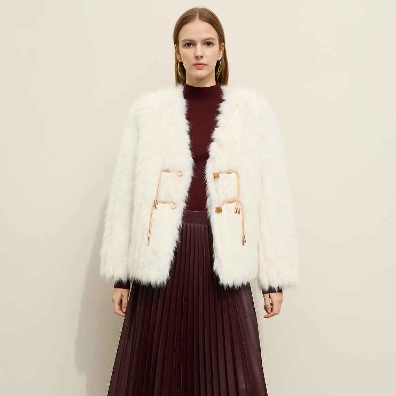 Beige Loose V-Neck Coat with Buckle and Tassel Details