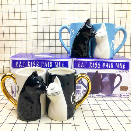 Three-dimensional Cat Couple Ceramic Mug Black And White Cat Kissing - Wnkrs