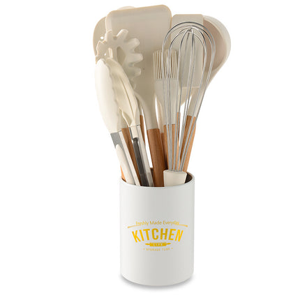 Creamy White Wooden Handle Silicone Kitchenware Set - Wnkrs