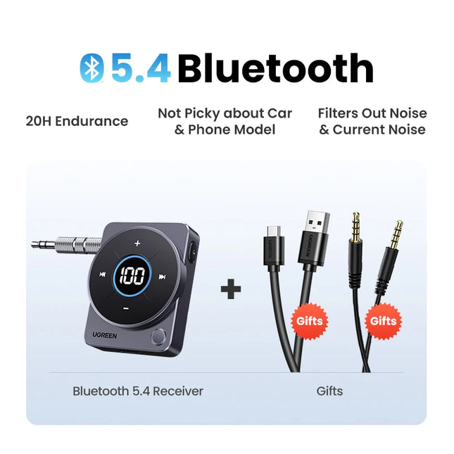 Adaptateur auxiliaire Bluetooth 5.4 avec audio sans fil 3,5 mm, batterie de 20 heures, affichage sur écran