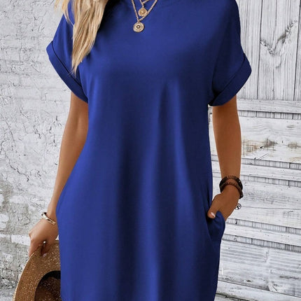 Loose Short Sleeve Dress With Pockets Summer Casual Solid Color Round Neck Straight Dresses Womens Clothing