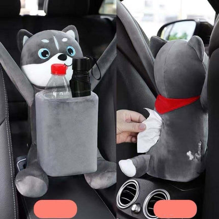 Cartoon Plush Car Tissue Holder with Integrated Trash Cabin - Wnkrs