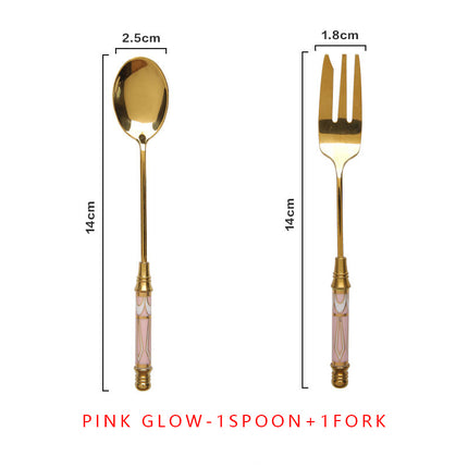 Elegant Vintage Gold and Ceramic Coffee Dessert Fork and Spoon Set