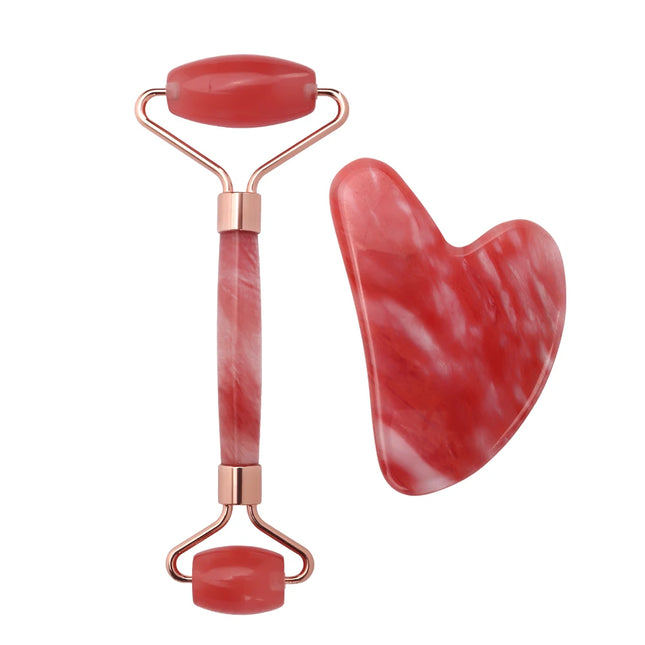 Juego de rodillo de jade de cristal rojo y tabla de raspado Gua Sha