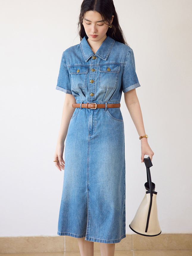 Robe chemise à manches courtes et col polo bleu denim