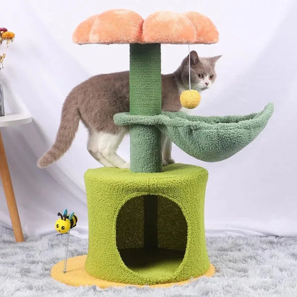 Torre para gatos con hamaca y diseño de árbol de flores