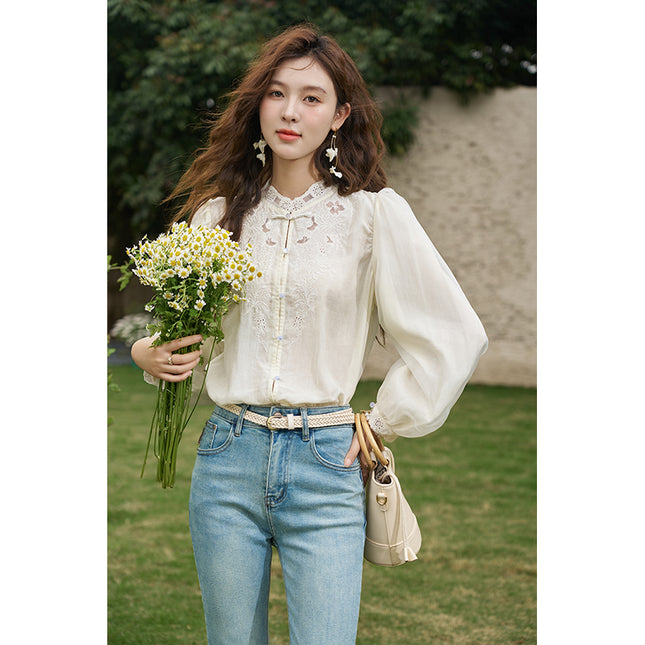 Spring Hollow Embroidered Mesh Blouse