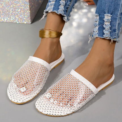 Sandalias transparentes con punta hueca y diamantes de imitación para mujer, zapatillas de verano a la moda para exteriores, zapatos planos