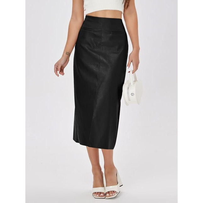 Jupe droite élégante en similicuir taille haute