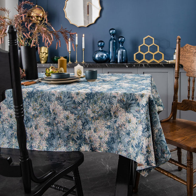 Mantel floral de jacquard azul: funda rectangular a prueba de polvo para mesas de comedor y de café