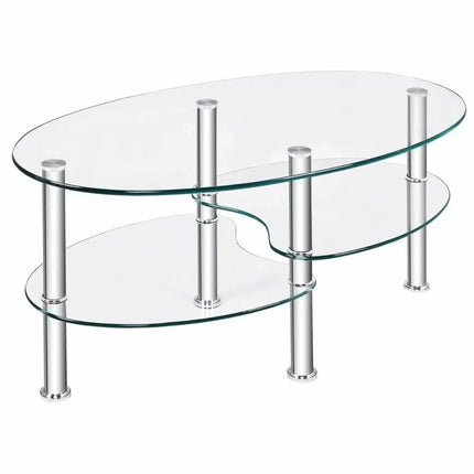 Elegant Oval Tempered Glass Coffee Table with 3 Tiers and Steel Frame - Wnkrs