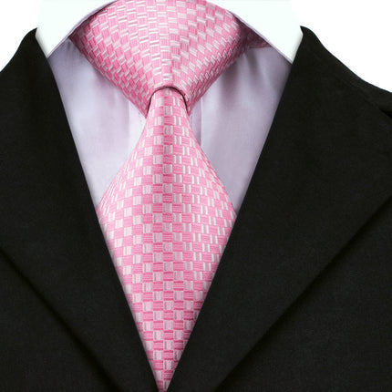 Corbata de seda a cuadros rosa y blanca: corbata formal de boda para hombre, pañuelo y gemelos