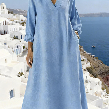 Womens Casual Straight-cut Long-sleeve V-neck Dress Available In Multiple Colors