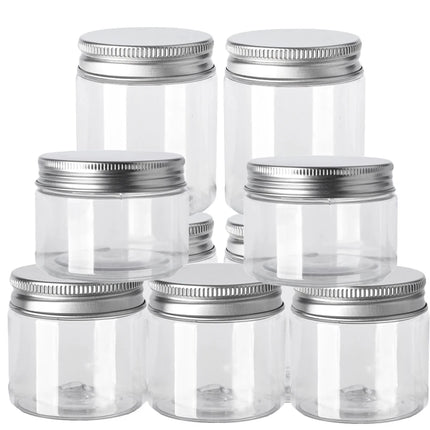 Lot de 10 bocaux de rangement en plastique transparent avec couvercles en aluminium