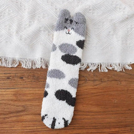 Calcetines cálidos de forro polar con bonitos dibujos de gatitos para interiores: diseño de garra de gato kawaii