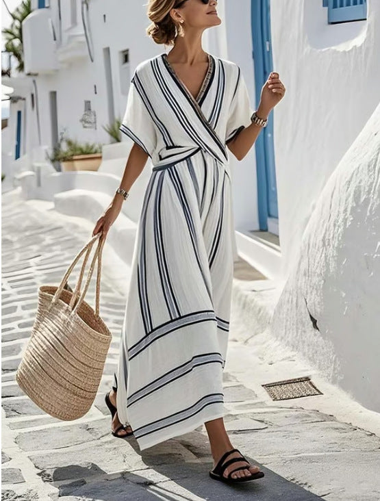 Summer Vacation V-Neck Womens Short-Sleeve Pleated Maxi Dress
