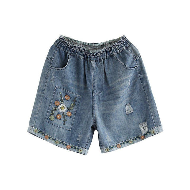 Summer Floral Embroidery High Waist Wide Leg Denim Shorts