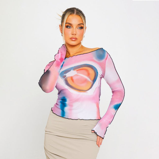 Colorful Mesh Ruffle Long Sleeve T-Shirt