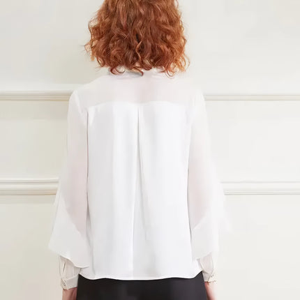 Camisa falbala elegante de manga larga con cuello de perla para mujer