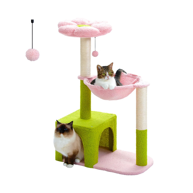 Arbre à chat fleuri avec grand hamac et griffoirs en sisal