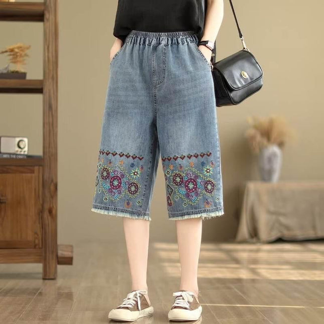 Capri d'été en denim à jambe large avec broderie florale vintage