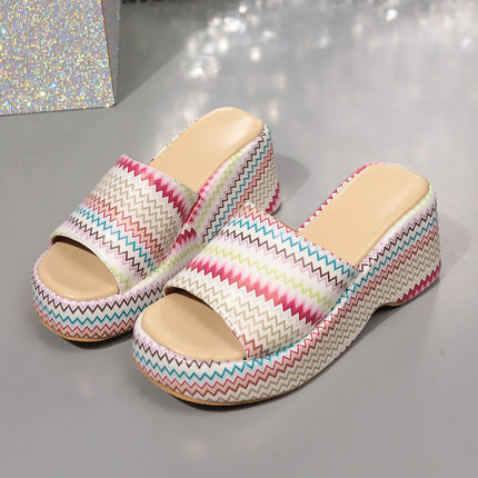 Sandalias de cuña con estampado de ondas de colores a la moda, zapatillas de tacón alto para exteriores de verano, zapatos de suela gruesa para mujer