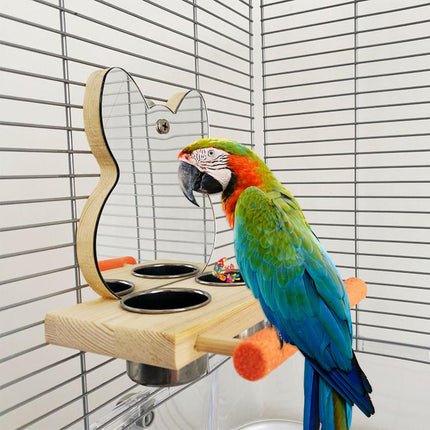 Interactive Parrot Mirror with Feeder Cups