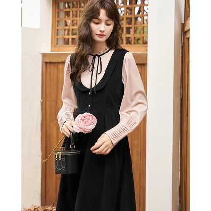 Elegant French Vintage A-Line Strap Dress for Autumn