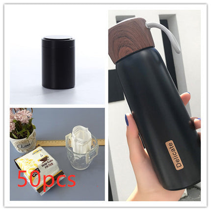 Portable Water Cup Student Creative Wood Grain Lid Handle Thermos - Wnkrs