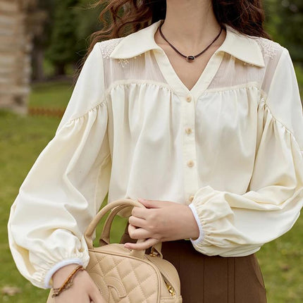 Bubble Sleeve V Neck Chiffon Embroidery Shirt for Women