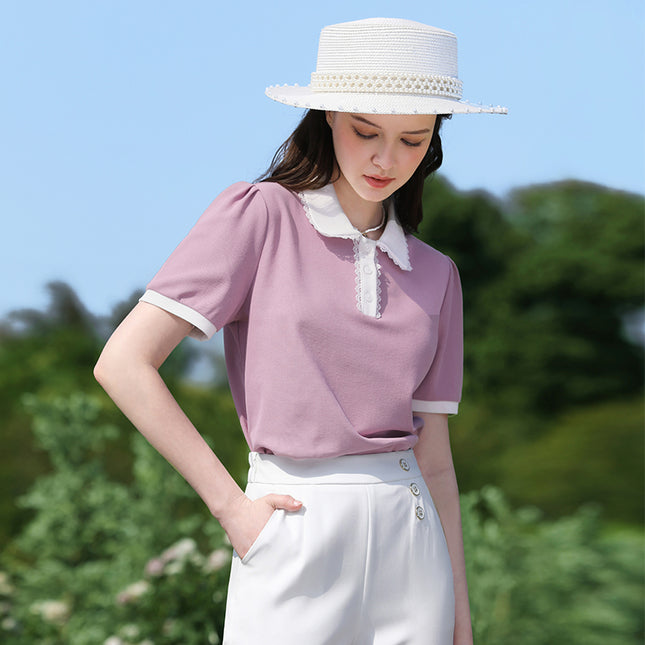 Camiseta elegante de verano con cuello polo y mangas abullonadas