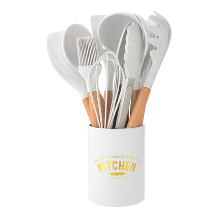 Marbled White Wooden Handle Silicone Kitchenware Set - Wnkrs