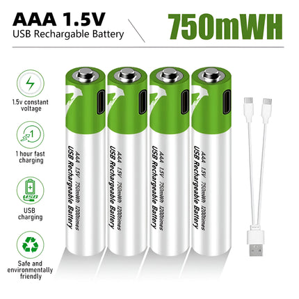 Piles au lithium rechargeables USB AA 1,5 V 2600 mAh (4 pièces) pour télécommandes, jouets + câble