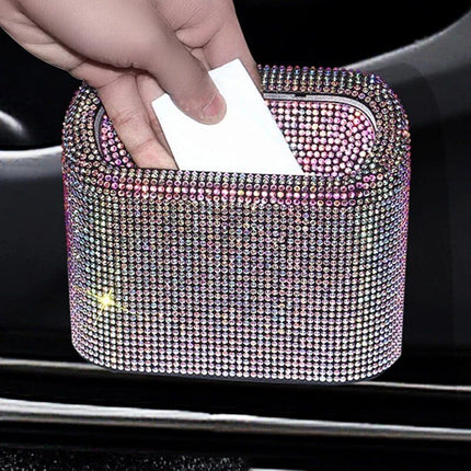 Luxurious Rhinestone Car Trash Bin - Pressing Type Square Storage Bucket - Wnkrs