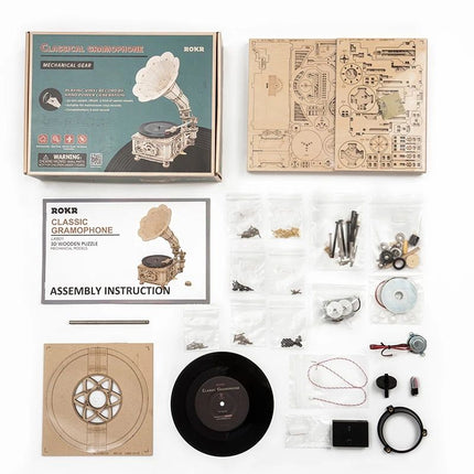 DIY Hand Crank Classic Gramophone Wooden Puzzle Model Kit - Wnkrs