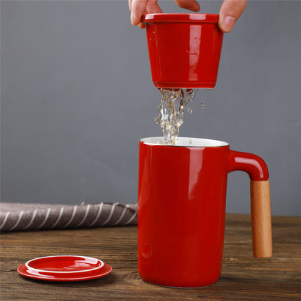 Ceramic Large Capacity Mug Custom Japanese Stoneware Office Cup Wooden Handle Gift Cup With Lid Tea Separation - Wnkrs