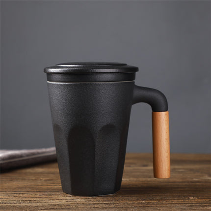 Ceramic Large Capacity Mug Custom Japanese Stoneware Office Cup Wooden Handle Gift Cup With Lid Tea Separation - Wnkrs