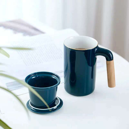 Ceramic Large Capacity Mug Custom Japanese Stoneware Office Cup Wooden Handle Gift Cup With Lid Tea Separation - Wnkrs