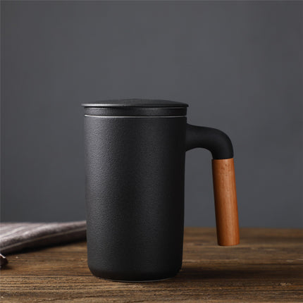 Ceramic Large Capacity Mug Custom Japanese Stoneware Office Cup Wooden Handle Gift Cup With Lid Tea Separation - Wnkrs