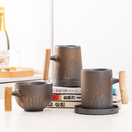 Gilt Stoneware Coffee Cup, Japanese Style Mug, Wooden Handle, Large Capacity - Wnkrs