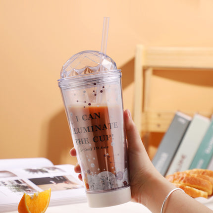 Luminous Creative Coffee Cup Plastic Cup Light Gradient Portable Student Double Straw Water Cup - Wnkrs