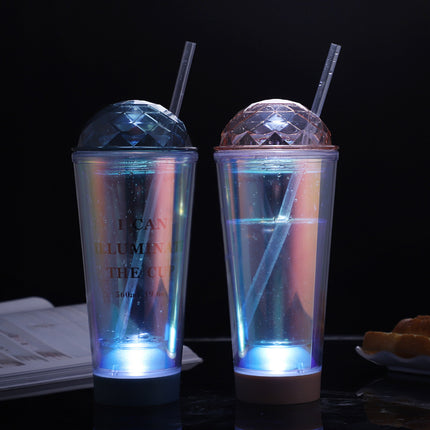 Luminous Creative Coffee Cup Plastic Cup Light Gradient Portable Student Double Straw Water Cup - Wnkrs